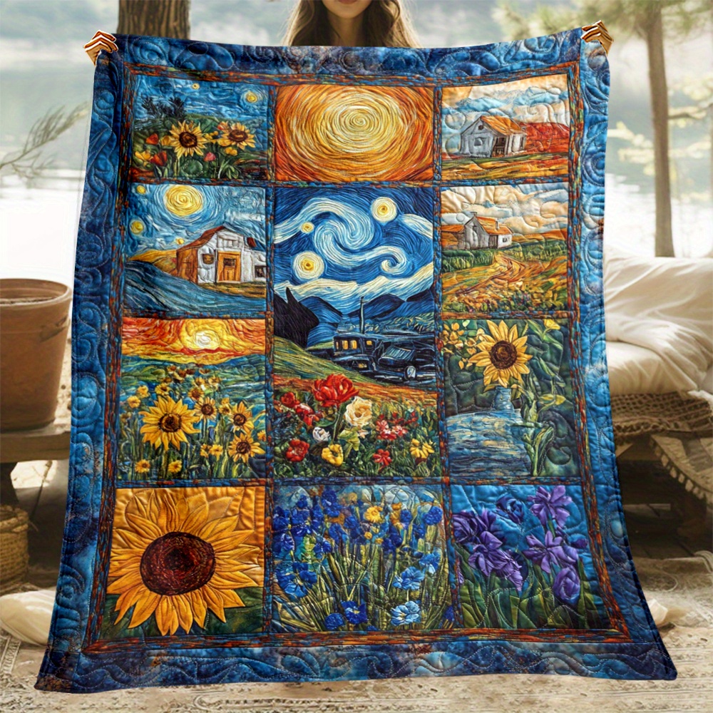 

1pc Van Gogh Flannel Blanket - Soft, Lightweight & Warm | Vibrant With Starry Night & Sunflowers | Ideal For Sofa, Office, Travel | Cozy Throw, Perfect Gift For Art Lovers