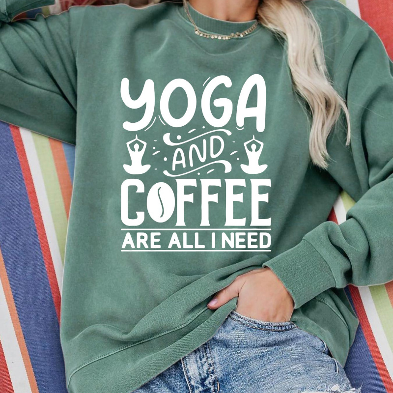 

Yoga & Coffee Graphic Crew Neck Sweatshirt - Casual Long Sleeve Pullover For Women, Machine Washable, Spring/fall