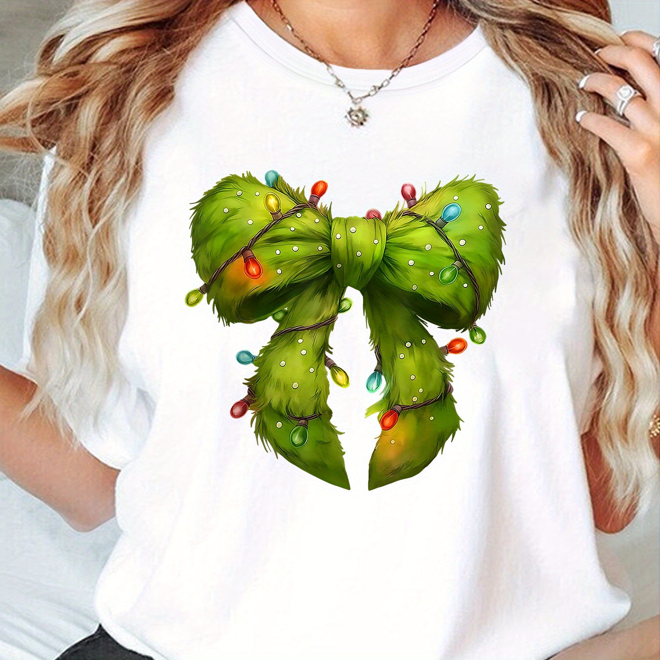 

Bowknot Christmas Lights T- - Polyester Tee Elastane For - Graphic For Women