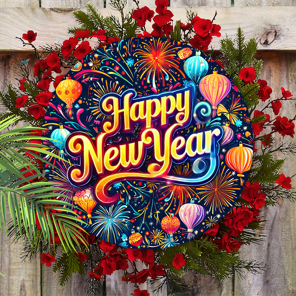 

1pc, Vibrant Happy New Year 2d Wooden Sign - Wooden , Office, Bar & Dorm Decor - Indoor/outdoor Celebrations, Parties And