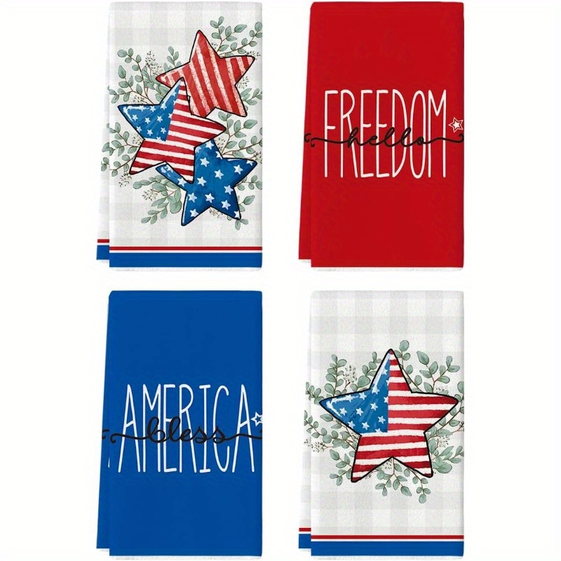 

4-pack Modern American Flag Kitchen Towels - 18x26 Inch Oblong Dish Cloths, Themed, Super Polyester, Machine Washable, Patriotic Decorative Hand Towels