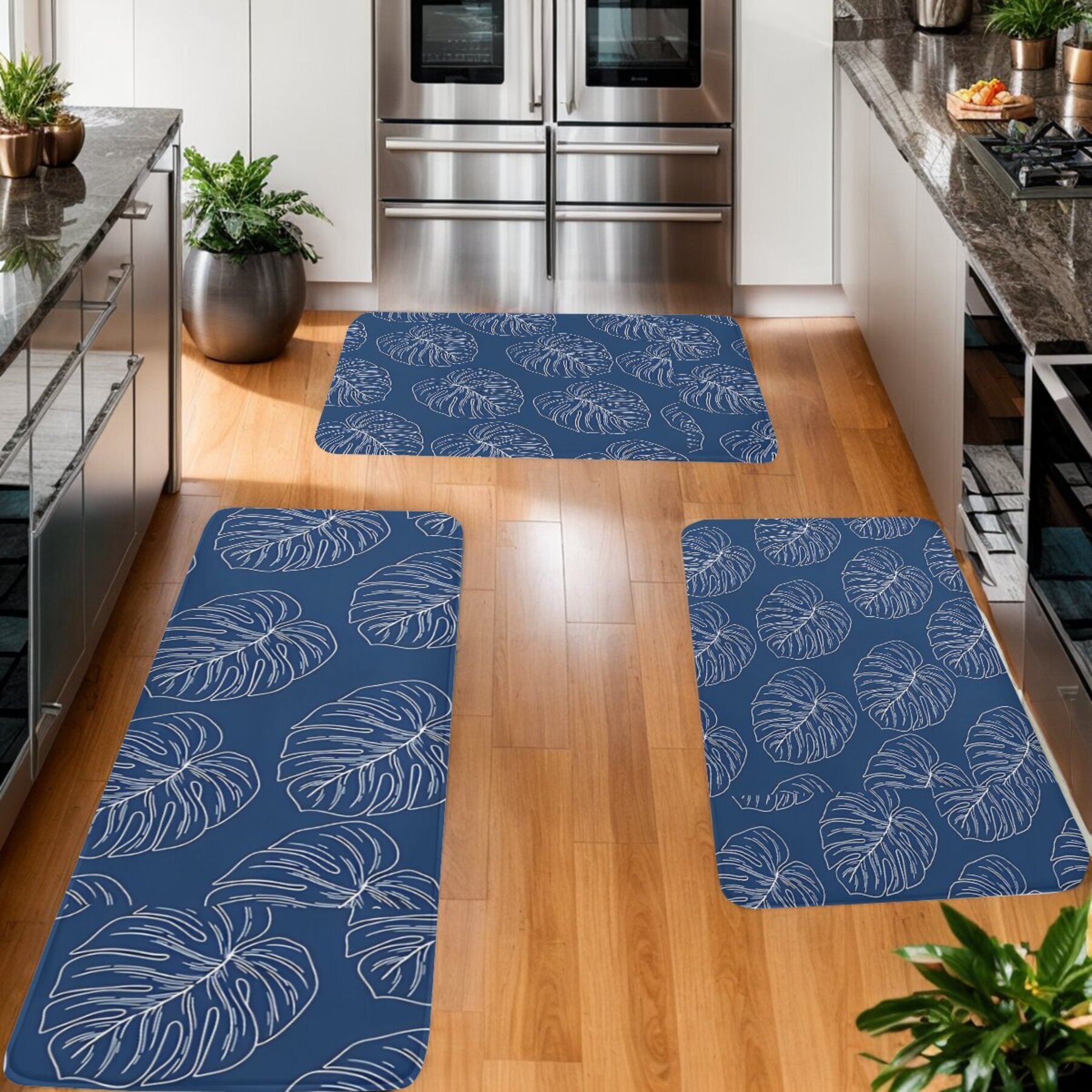 

1pc Monstera Tropical Plant Print Kitchen Mat, Navy And White, Rectangular Machine-made Polyester Doormat For Home, Washable, Indoor/outdoor Use,