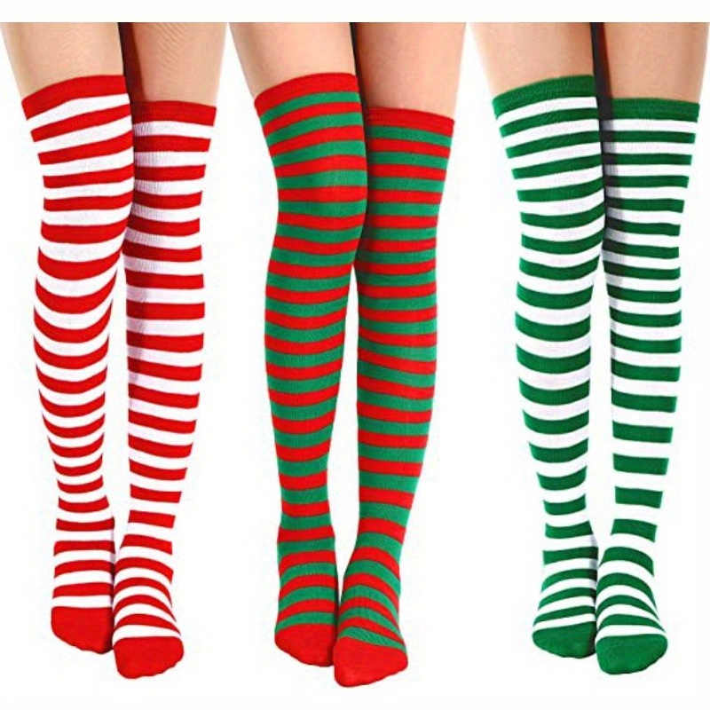 

1pair Christmas Knee Striped Socks, Christmas Socks Women's Knee Socks Holiday Party Ball Cosplay Women's Socks