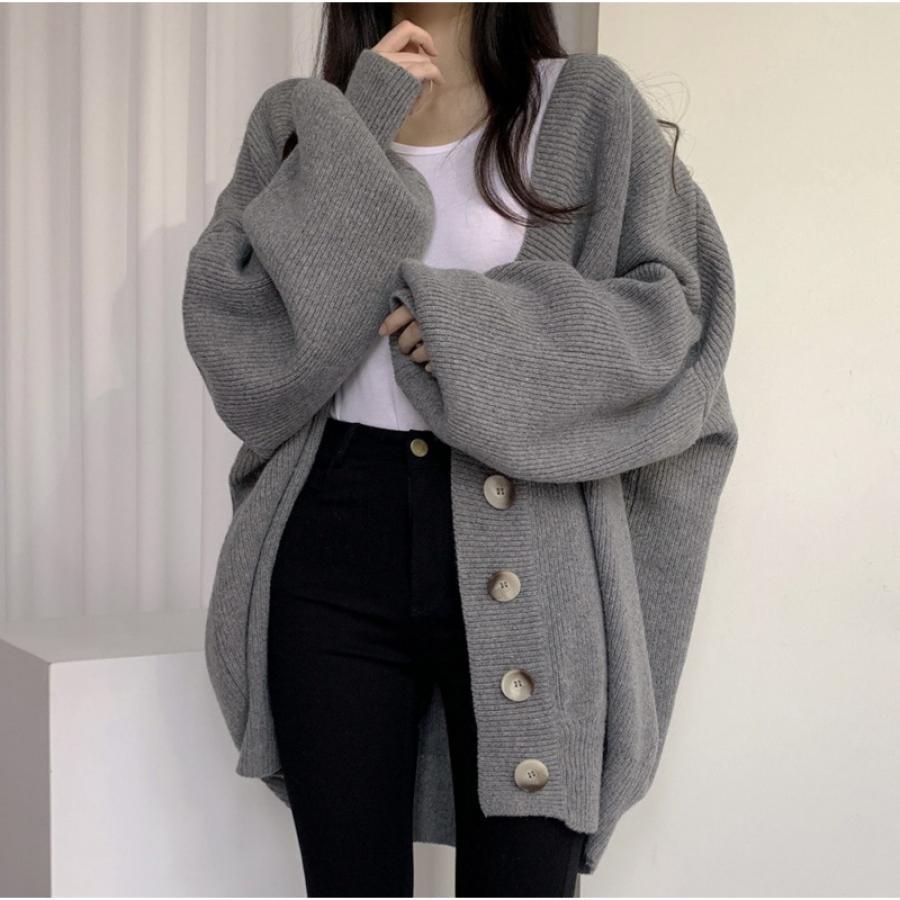 

Women' Color Knit Cardigan V-neck Ribbed Long Sleeve Button-front Closure Oversized Sweaters