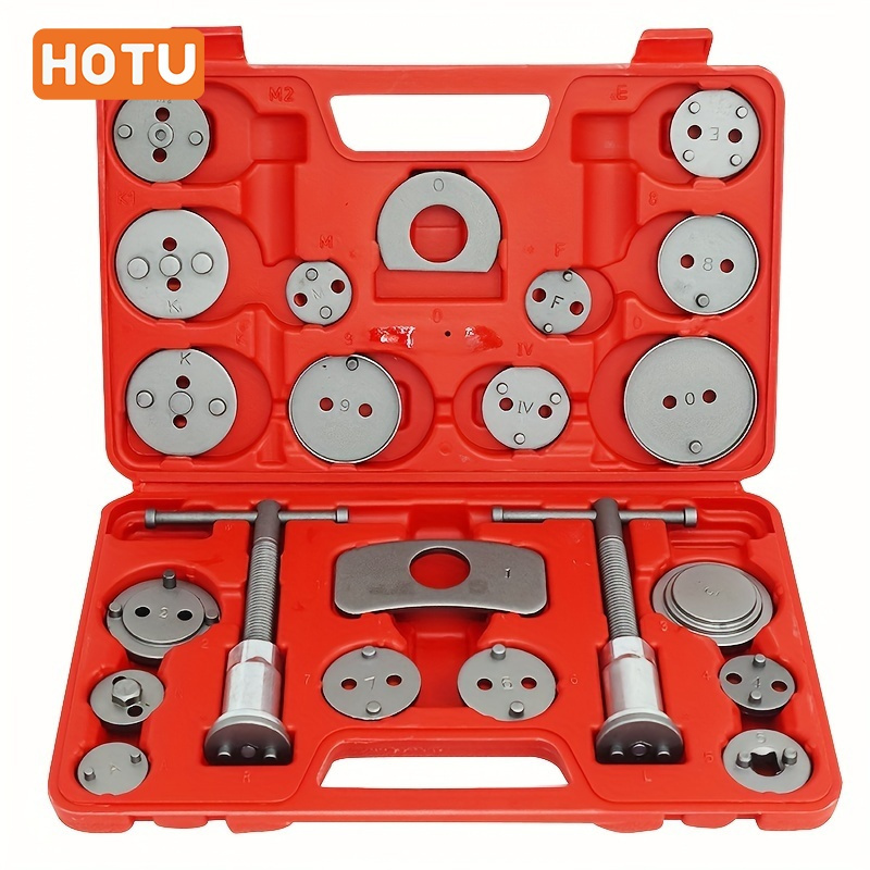 

Hotu 22-piece Disc Brake Caliper Compressor Tool Set - Uncharged Manual , Plastic Case, & Piston For Brake Pad - Car Maintenance & Repair Kit