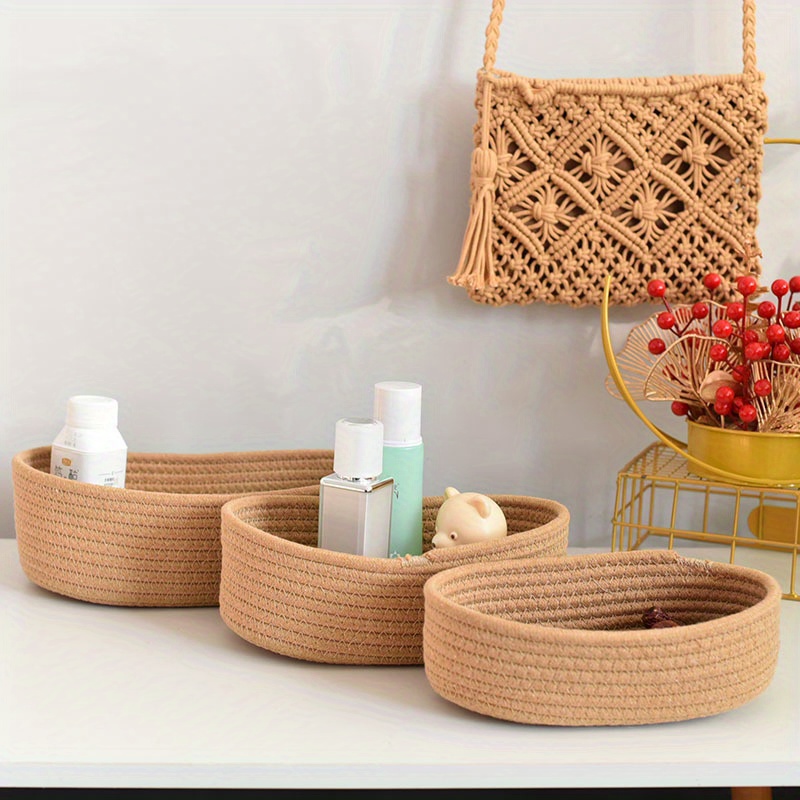 hand woven boat shaped storage basket for desk organization   cosmetics snacks   desktop   storage box details 1