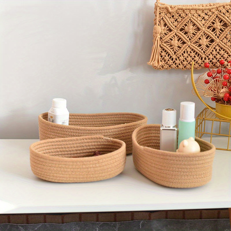 hand woven boat shaped storage basket for desk organization   cosmetics snacks   desktop   storage box details 2