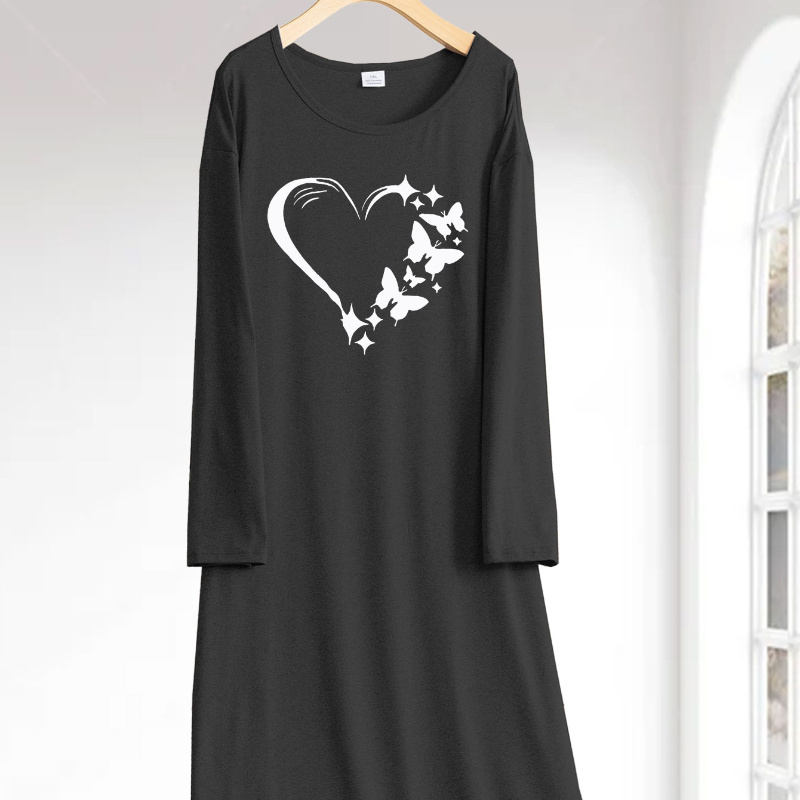 

Cozy Plus Size Women' Dress With Heart & Print - Long Sleeve, Round Neck, Stretchy Polyester , Machine Washable