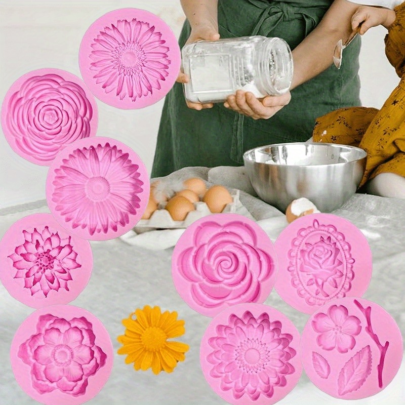 

9pcs Pink Floral Silicone Mold Set For Cupcakes, Desserts, Chocolates & Crafts - Easy To Clean, Design For Home Kitchen &