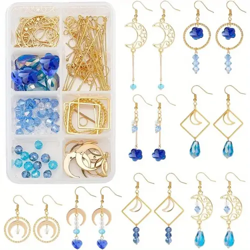 diy 8 pairs blue moon earrings making starter kit including moon geometric linking connector charms teardrop flower beads earring findings for earring making crafts