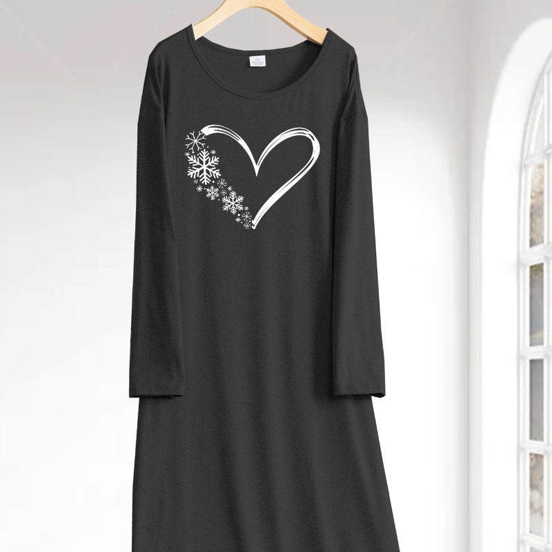 

Cozy Plus Size Women' Dress With Heart & Print - Long Sleeve, Round Neck, Stretchy Polyester For Fall/winter
