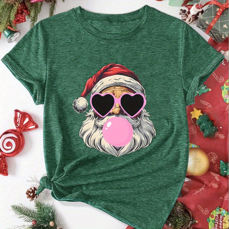 

1pc Festive Christmas Santa Gum Print Women's Casual Sports T-shirt, Polyester Knit Fabric, Round Neck, Short Sleeve, All