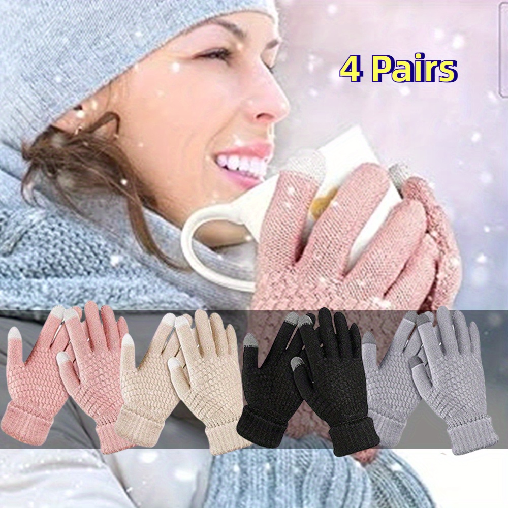 

4 Pairs Women's Thermal Fleece-lined Knitted Gloves - Touch Screen Compatible, Ribbed Cuff Gloves In Assorted Colors For Cycling, Skiing & Outdoor Activities