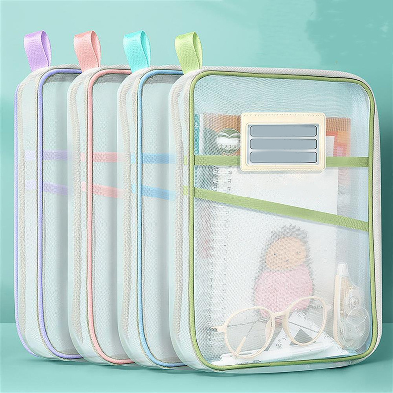 

4pcs A4 Zippered File Bags - Triple Layer Gauze, Transparent Nylon Organizers With Handles, Ideal For Student Exam Papers, Books & Office Supplies