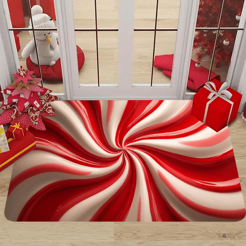 

Festive Christmas Rug - Vibrant Candy Cane Design, Machine Washable Polyester Floor Mat For Home Decor, Christmas Decor