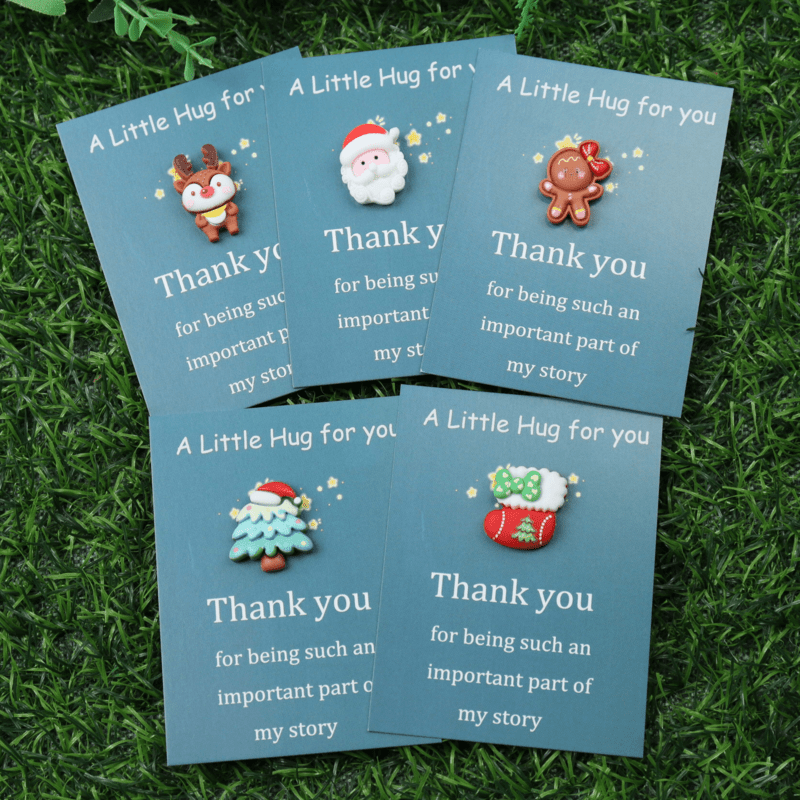 TEMU 5-pack Christmas Pocket Hug Cards With Resin Charms - Festive Miniature Gratitude Gifts For Holiday , Featuring Reindeer, Christmas Tree, Santa,