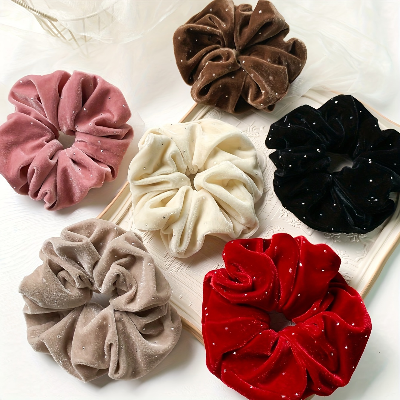 

Elegant Velvet Hair Scrunchies For Women - Soft, Cute Fabric Ties With Sequin Accents In Solid Colors, & A Touch Of To Your Hairstyle