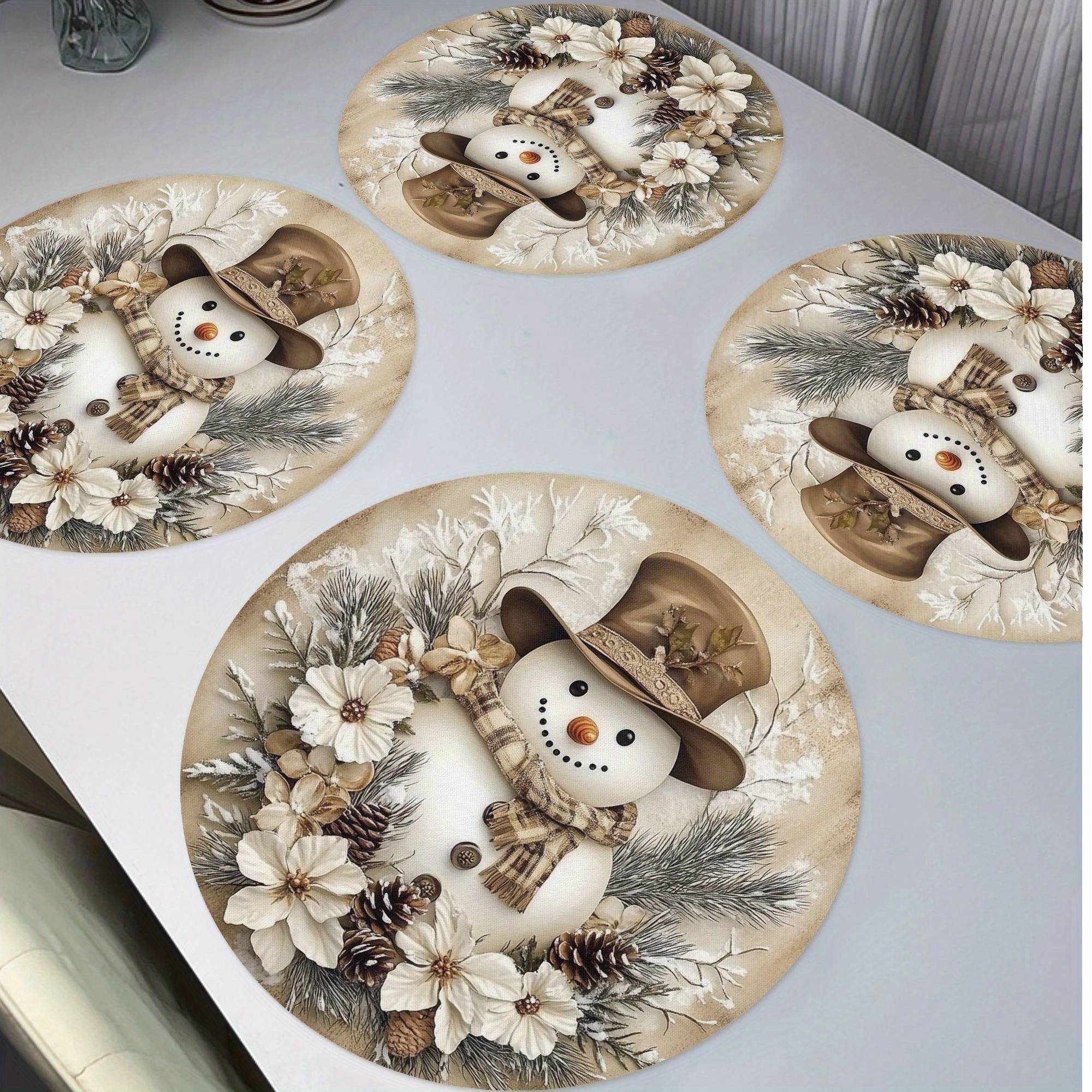 

4- Snowman Round Placemats, 15" Polyester Table , , , , For Christmas & Decor, & Dining Use