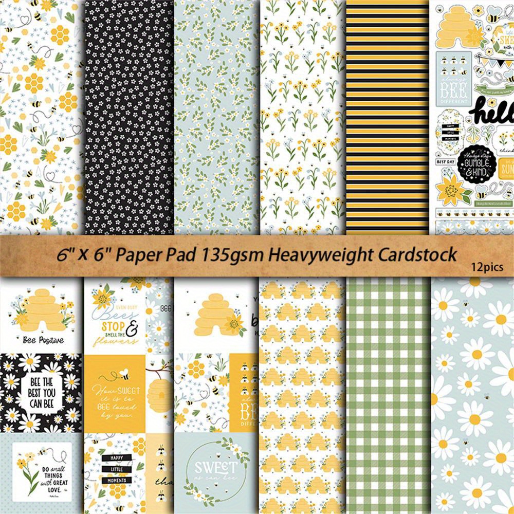 

12 Sheets Happy Themed Paper Pad - Large 6x6 Inch (138 Gsm) For Journaling, Diy Crafts & Student Stationery, & Floral Designs In Black, White, Yellow & Green, Bee Decorations