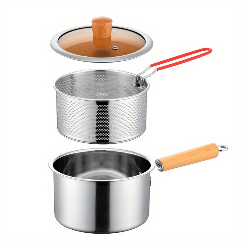 TEMU A Versatile Cookware Collection Made Of Stainless Steel, Featuring A Frying Basket And A Glass Lid - Includes A Frying Pan, Deep Fryer, Pasta