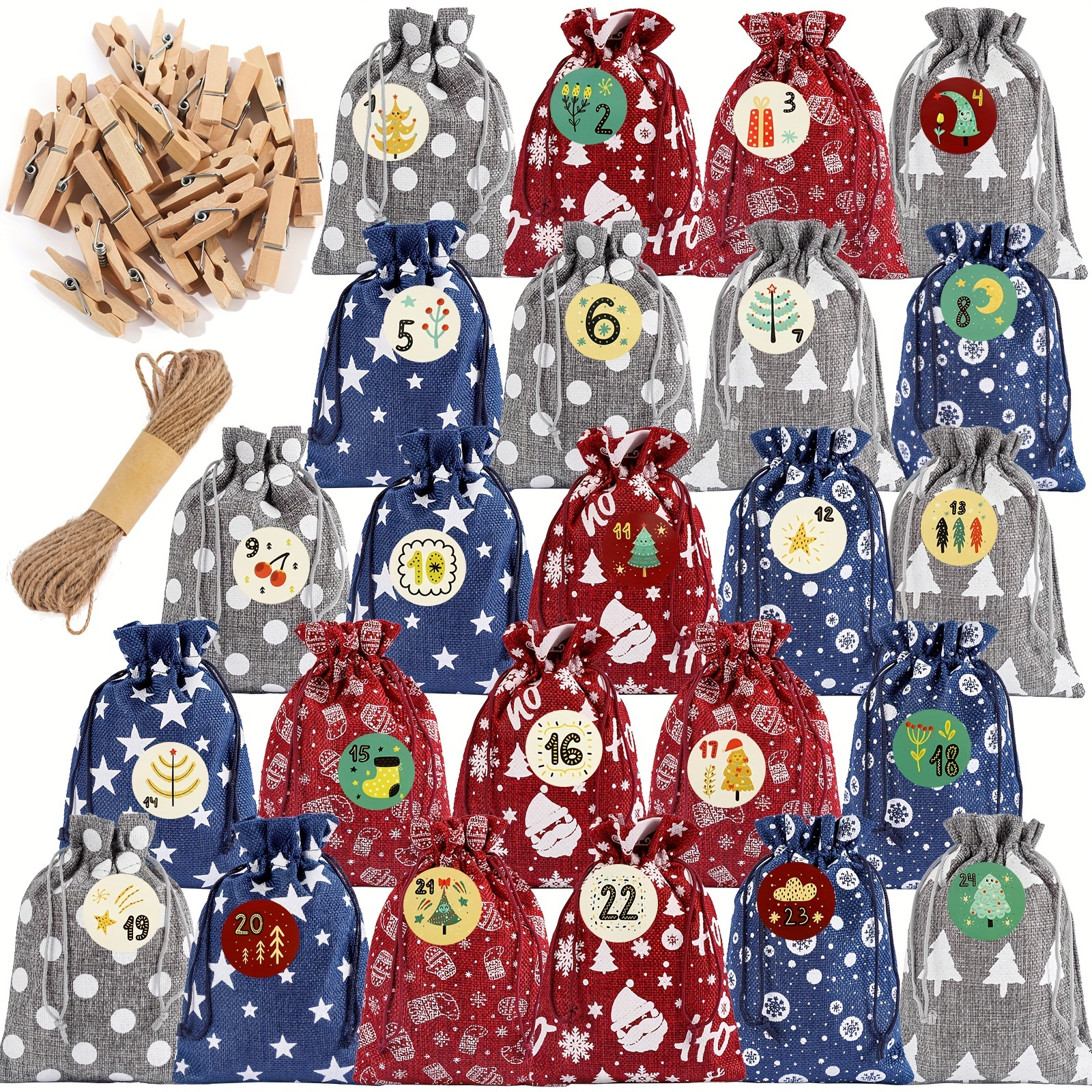 

24 Pcs Small Christmas Gift Bags Set, Christmas Candy Bags, Advent Calendar Bags, With 24 Day Advent Number Stickers, Reusable Linen Treat Sacks For Holiday Party Favors And Goody Wrapping