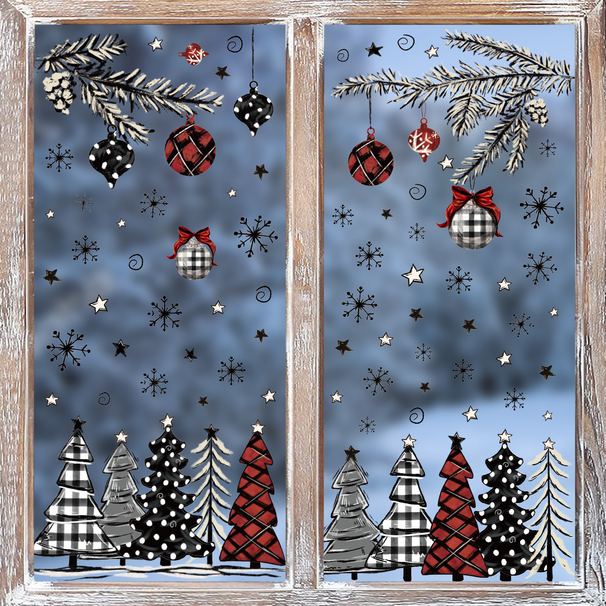 TEMU 4 Sheets Christmas Window Cling Sticker, Black Red Tree Snow For Home Party Window Glass Display Decoration