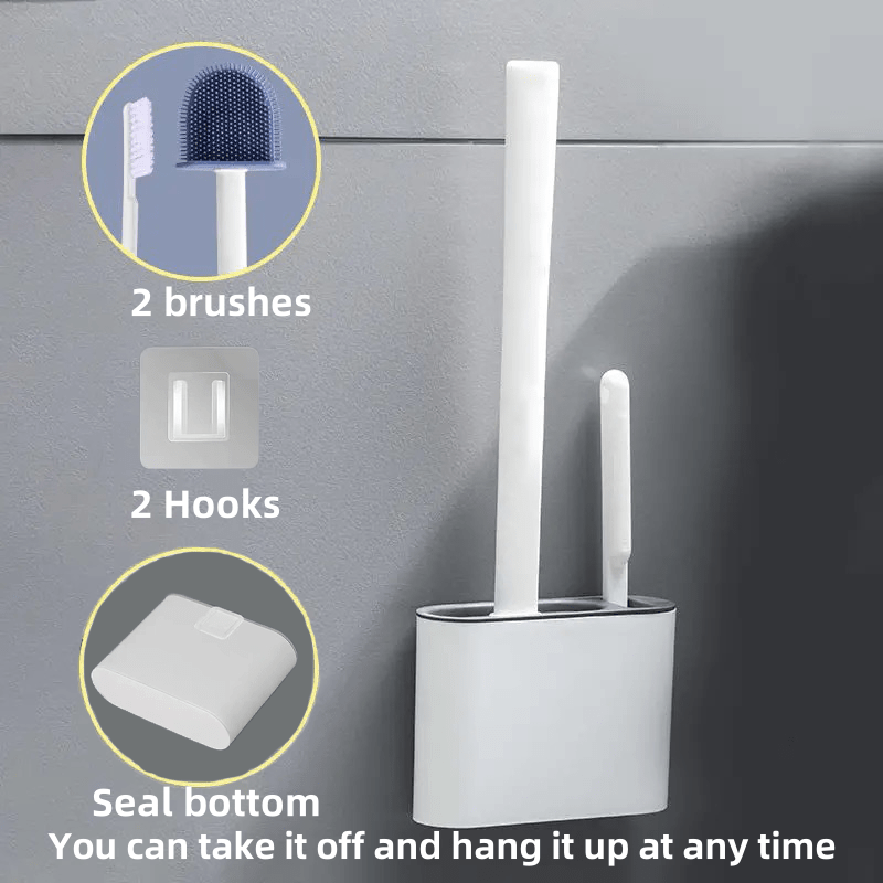 TEMU Silicone Toilet Brush Set With Long Handle, 2 Replacement Heads, Wall-mounted , Uncharged Household Bathroom Cleaning Accessories