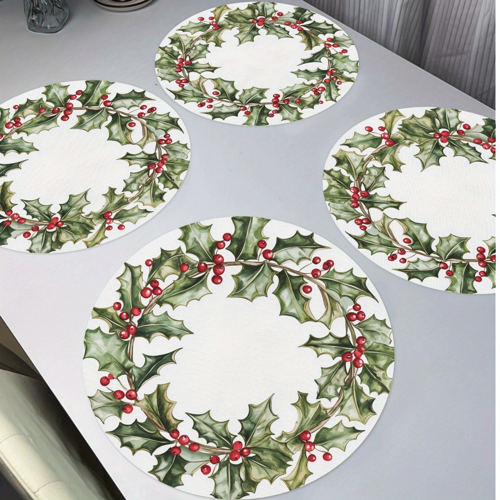 

4- Christmas Holiday Placemats - Round Polyester Table Backing, , Wreath For , , And Dining Decor