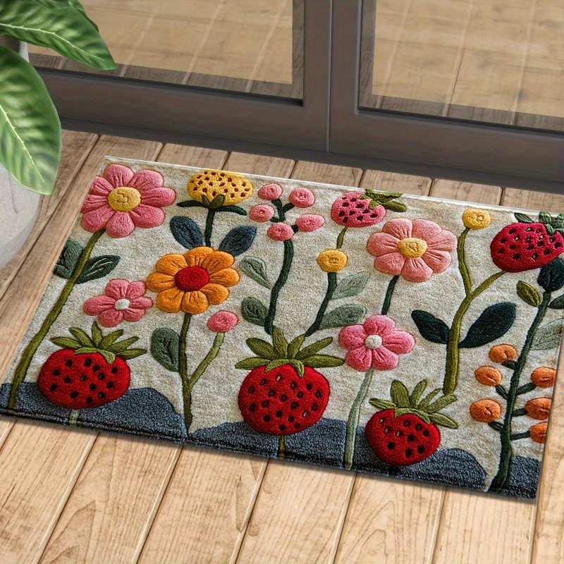 

Strawberry & Floral 3d Bath Mat - Absorbent, Stain-resistant, Machine Washable Rug For Bedroom, Bathroom, Kitchen, Entryway - Polyester Home Decor Carpet