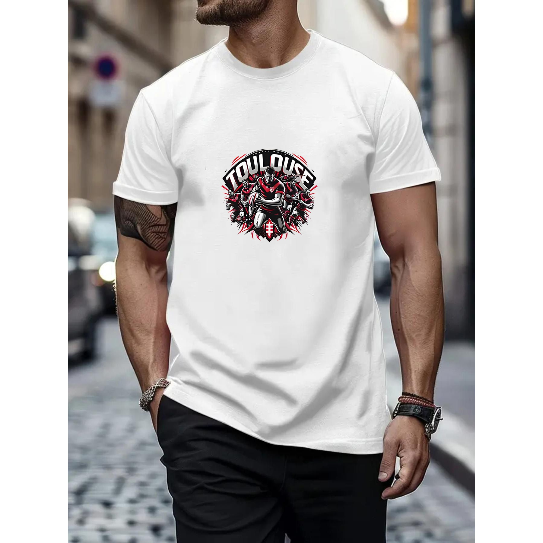 

T-shirt à col rond décontracté pour homme avec Toulouse - Tissu tricoté 100% polyester, style décontracté, légère élasticité, coupe régulière pour l'été