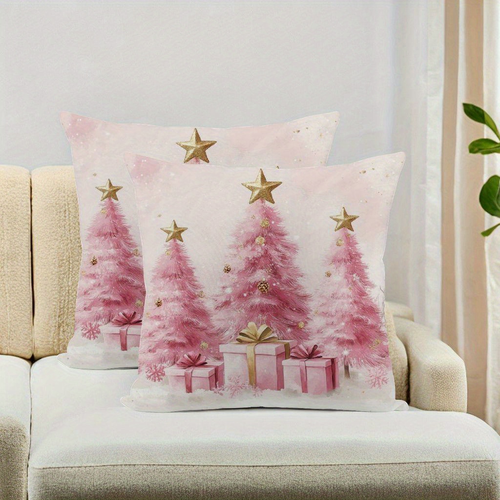 

2pcs Pink Christmas Trees Print Pillow Covers, 18x18in Short Plush Throw Pillow Cases, Polyester, Contemporary Style, Zipper Closure, Machine Washable, For Living Room & Office Decor