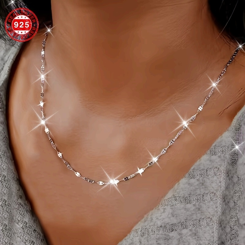 

925 Sterling Silver Hypoallergenic Ladies Necklace Simple Chain Clavicle Chain For Banquet, Idea Gift Weight 0.07oz