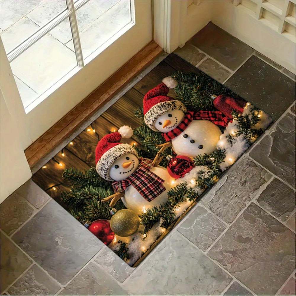 1pc christmas snowman door mat rectangular polyester welcome rug festive holiday decor for living room kitchen bedroom bathroom laundry machine washable xmas seasonal entryway decor details 3