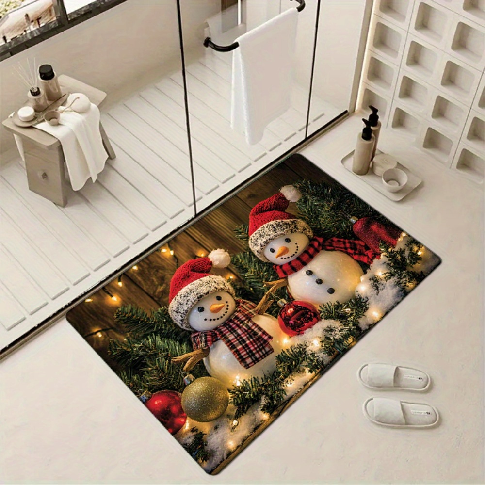 1pc christmas snowman door mat rectangular polyester welcome rug festive holiday decor for living room kitchen bedroom bathroom laundry machine washable xmas seasonal entryway decor details 4