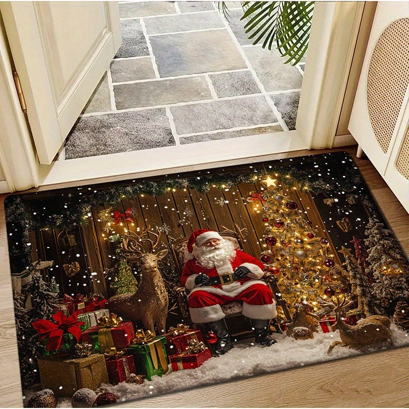 

1 tapis de porte de Noël , tapis rectangulaire en polyester antidérapant lavable, décoration pour salon, cuisine, chambre, salle de bain, buanderie - tapis d'entrée intérieur à thème de Noël