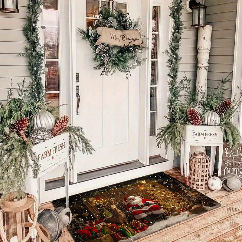 1pc festive christmas door mat polyester non slip washable rectangular rug machine made holiday decor for living room kitchen bedroom bathroom laundry xmas themed indoor entryway carpet details 3