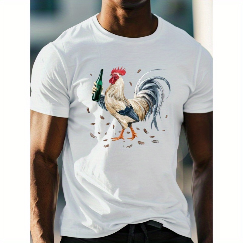 

T-shirt décontracté à col rond pour homme avec de coq et bouteille verte, tissu tricoté 100% polyester, légèrement extensible, coupe régulière, haut d'été léger - 150gsm