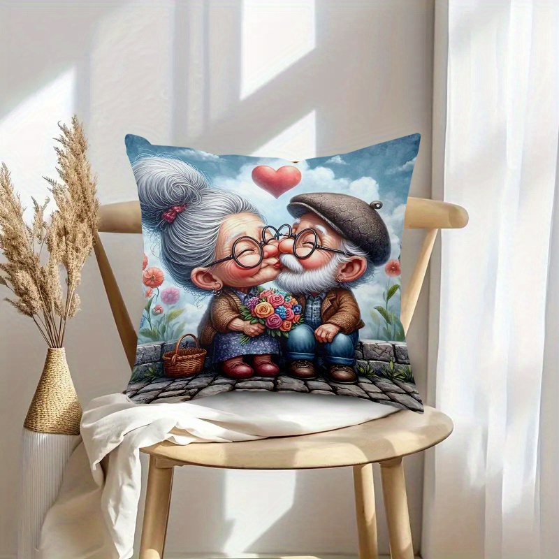 

1pc, Old Couple Kiss Decorative Pillowcase, Invisible Zipper, Machine Washable - Beds, Sofas And Loungers, Single-sided Printing, Suitable For Home And Holiday Decoration (without Pillow )