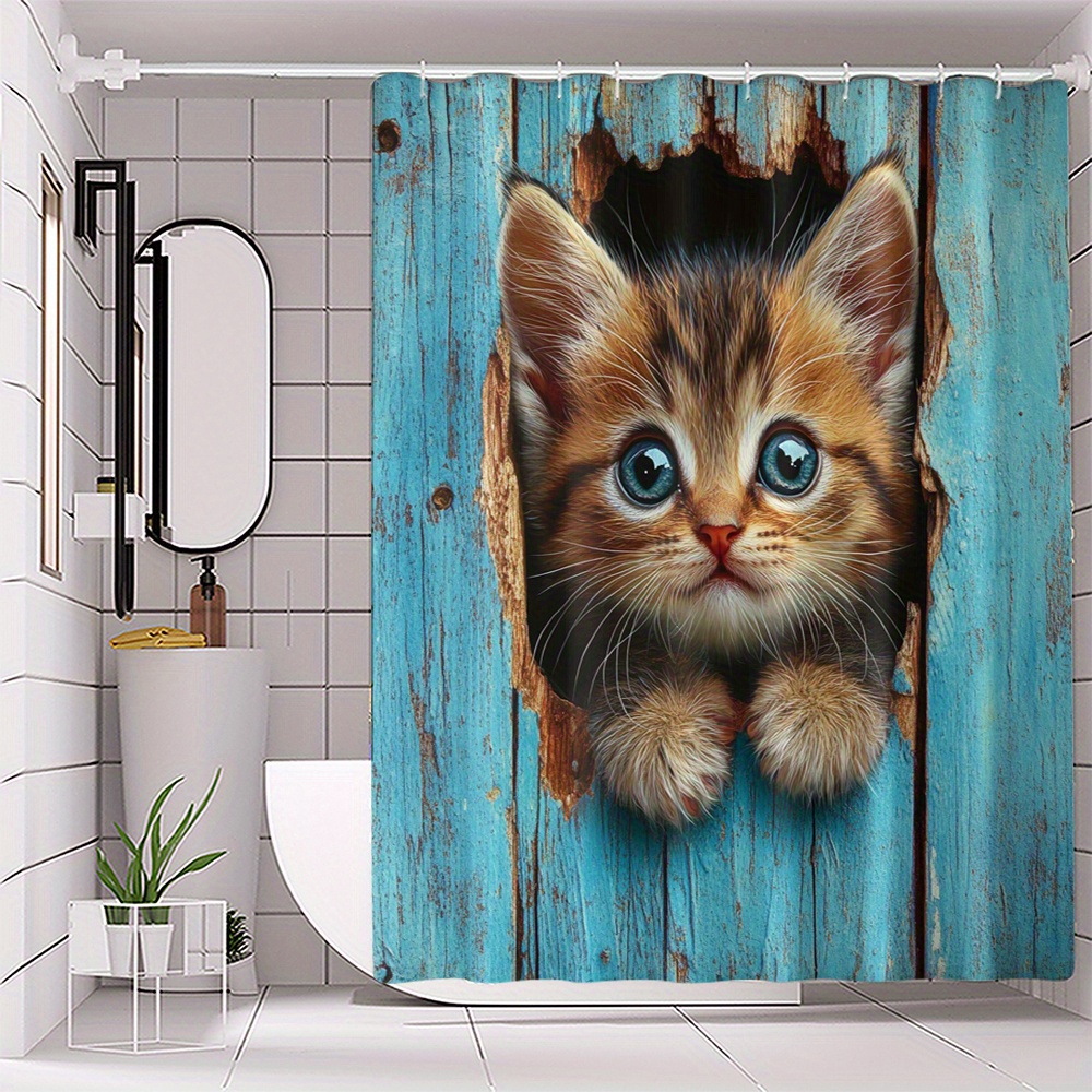 

Adorable Cat Print Waterproof Shower Curtain With Hooks - Machine Washable Polyester Bathroom Decor, Shower Curtain Sets For Bathrooms