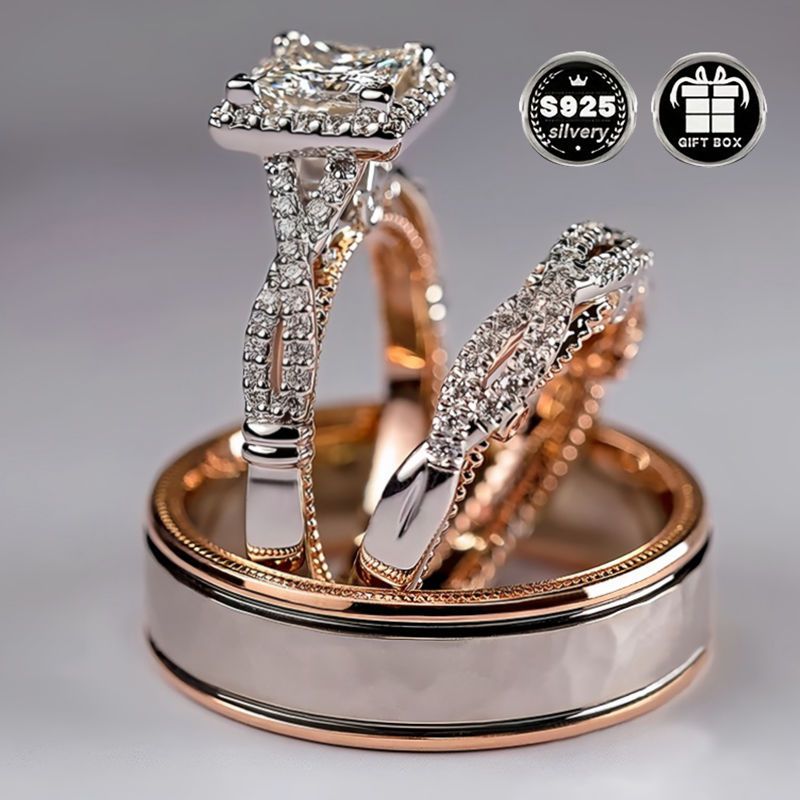 3pcs luxury 925 silver plated bridal set his and hers wedding ring combo   cubic zirconia 4 prong engagement eternal bands   jewelry for women with for valentines day   party accessory details 0