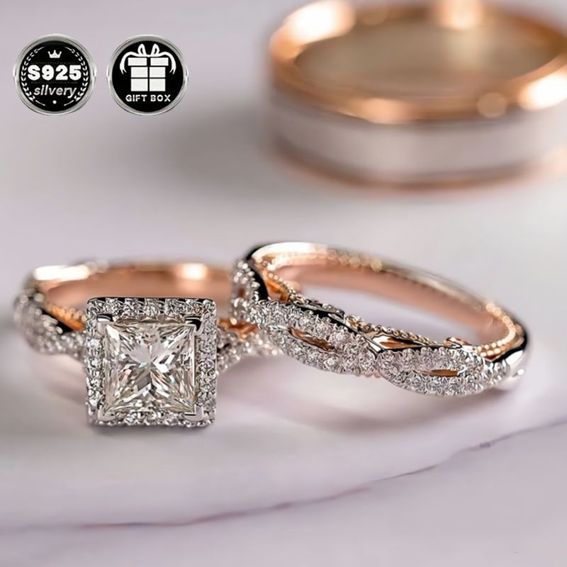 3pcs luxury 925 silver plated bridal set his and hers wedding ring combo   cubic zirconia 4 prong engagement eternal bands   jewelry for women with for valentines day   party accessory details 1