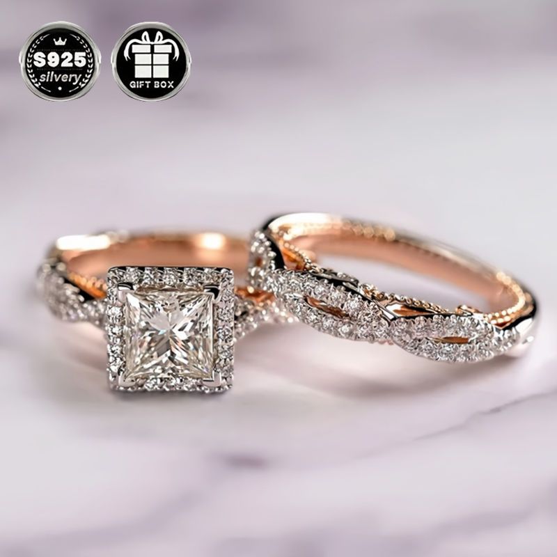 3pcs luxury 925 silver plated bridal set his and hers wedding ring combo   cubic zirconia 4 prong engagement eternal bands   jewelry for women with for valentines day   party accessory details 7