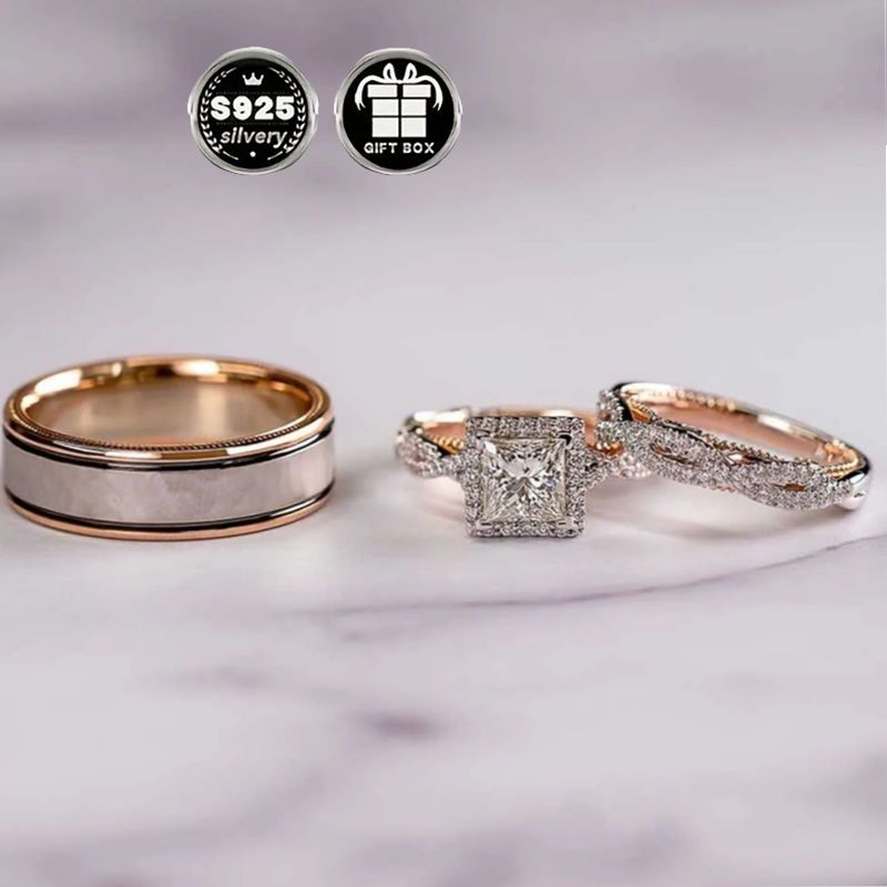 3pcs luxury 925 silver plated bridal set his and hers wedding ring combo   cubic zirconia 4 prong engagement eternal bands   jewelry for women with for valentines day   party accessory details 10