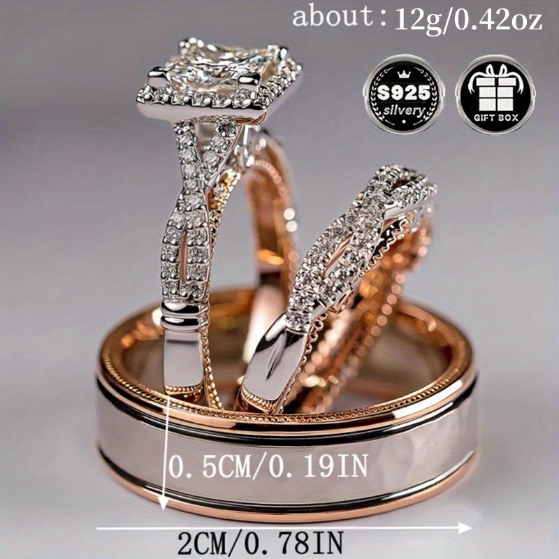 3pcs luxury 925 silver plated bridal set his and hers wedding ring combo   cubic zirconia 4 prong engagement eternal bands   jewelry for women with for valentines day   party accessory details 18