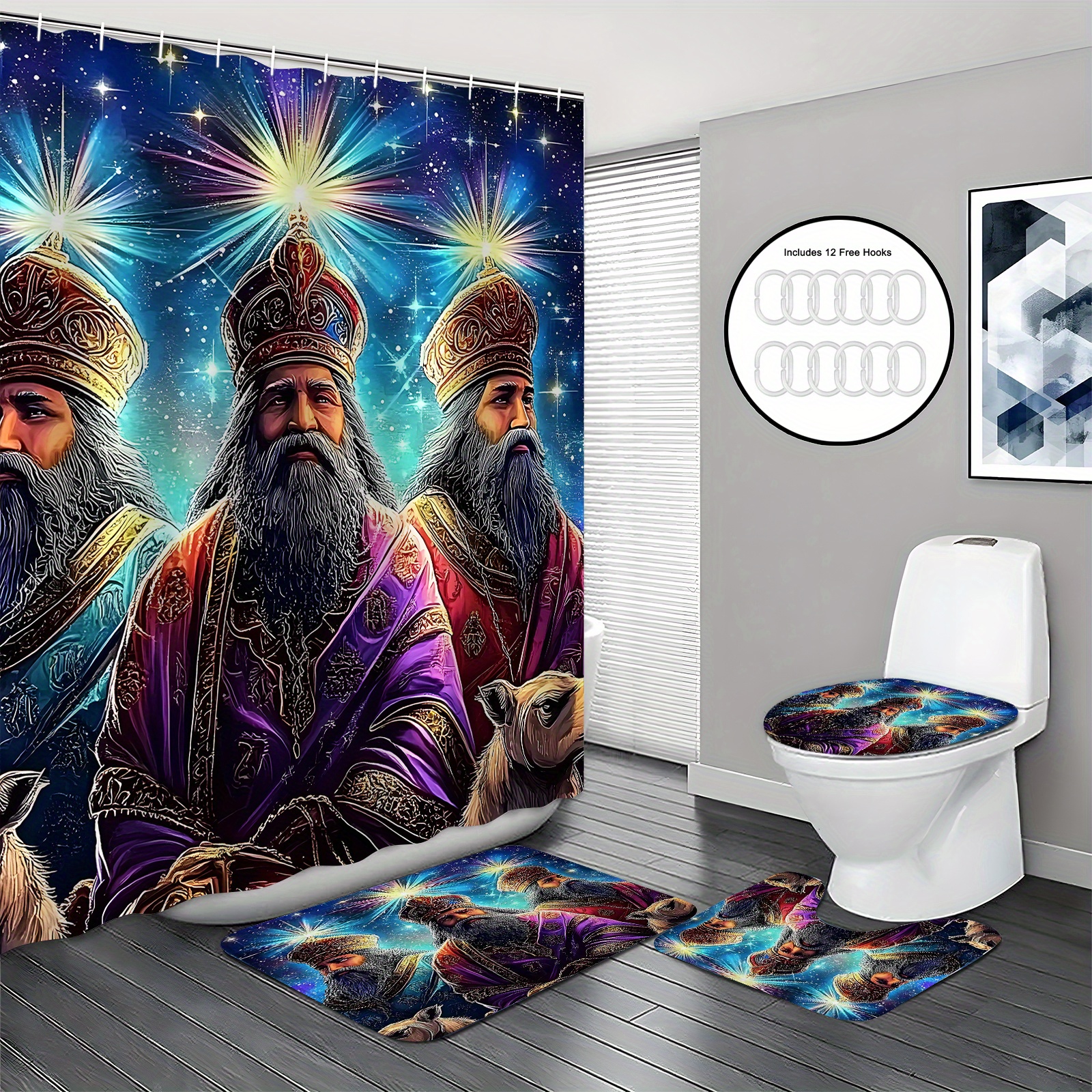 

1/3/4pcs Starry Night & Bathroom Set, Shower Curtain Sets With Rugs, Bath Mat, U Shape And Toilet Lid Cover Mat