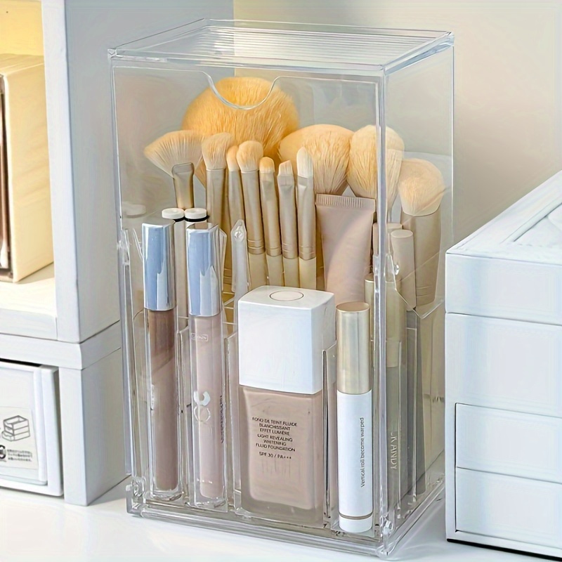 adjustable clear acrylic makeup brush holder sleek vanity organizer with compartments no drill installation lightweight design for easy makeup storage vanity accessories Product details 4