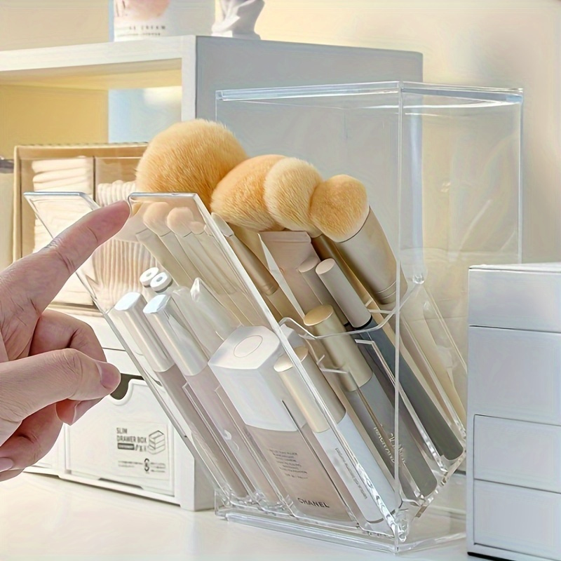 adjustable clear acrylic makeup brush holder sleek vanity organizer with compartments no drill installation lightweight design for easy makeup storage vanity accessories Product details 3