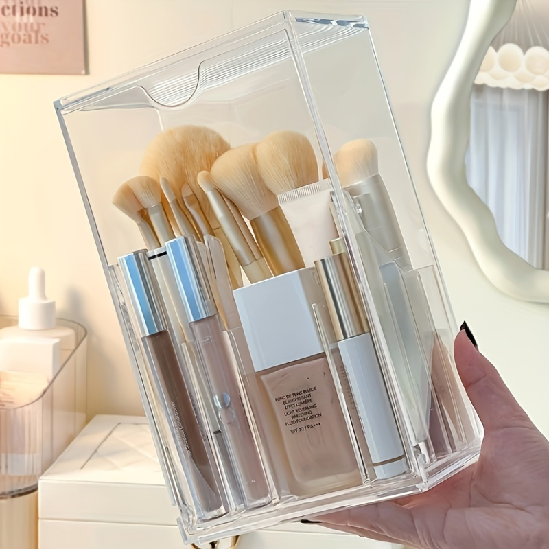 adjustable clear acrylic makeup brush holder sleek vanity organizer with compartments no drill installation lightweight design for easy makeup storage vanity accessories Product details 2