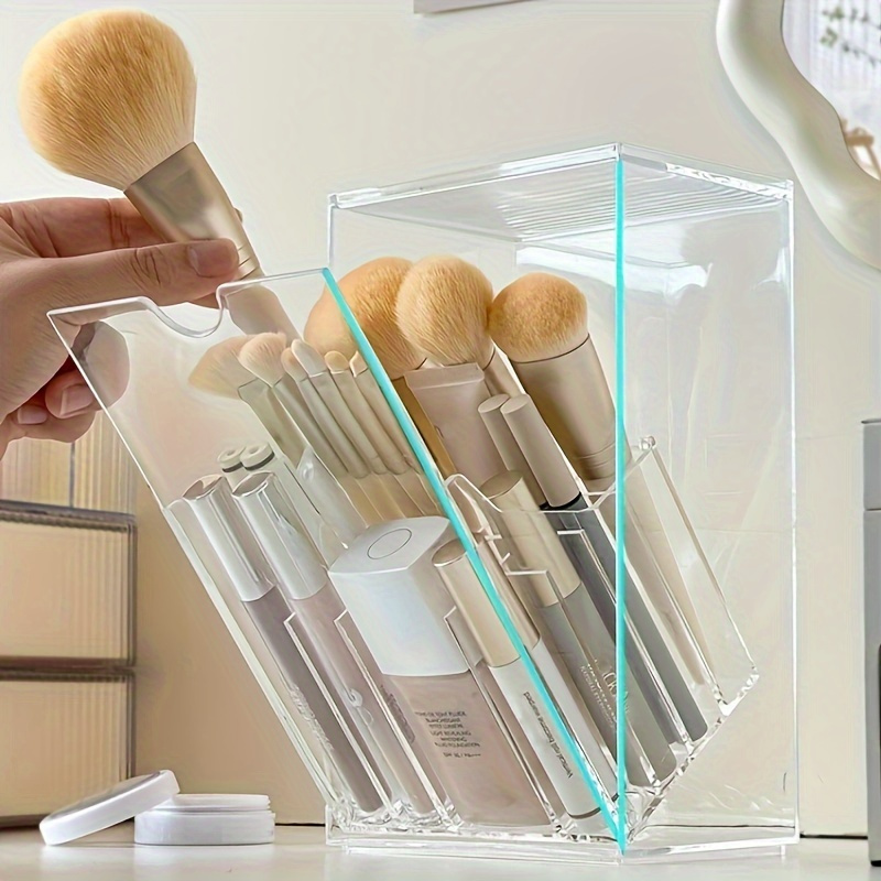 adjustable clear acrylic makeup brush holder sleek vanity organizer with compartments no drill installation lightweight design for easy makeup storage vanity accessories Product details 1