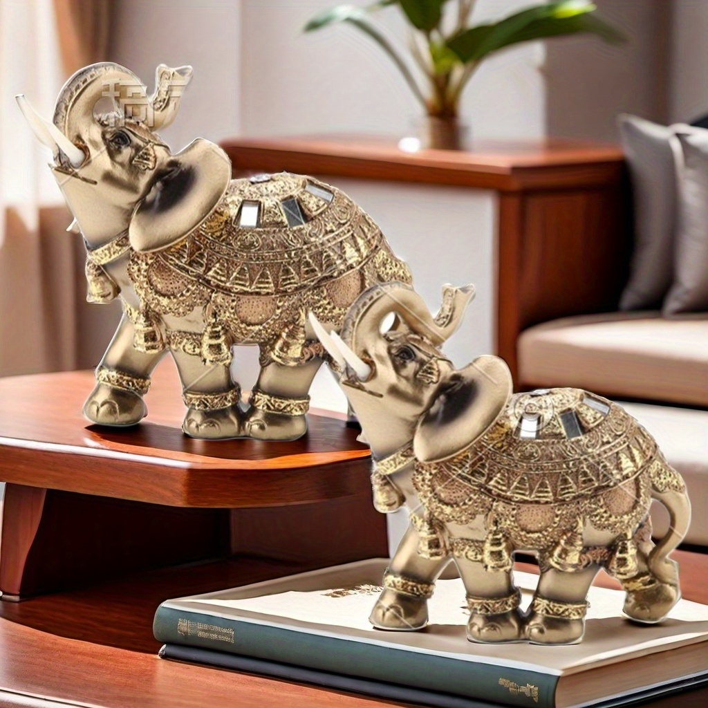 

2pcs Statue 5.5 Feng Shui Elephant, With Trunk Collectible Figurine Decoration Statue Wealth Figurine Home Office Decor Gift, Golden L